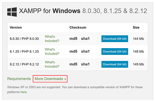 screenshot of XAMPP for windows download files with More Downloads hightlighted at the bottom of it